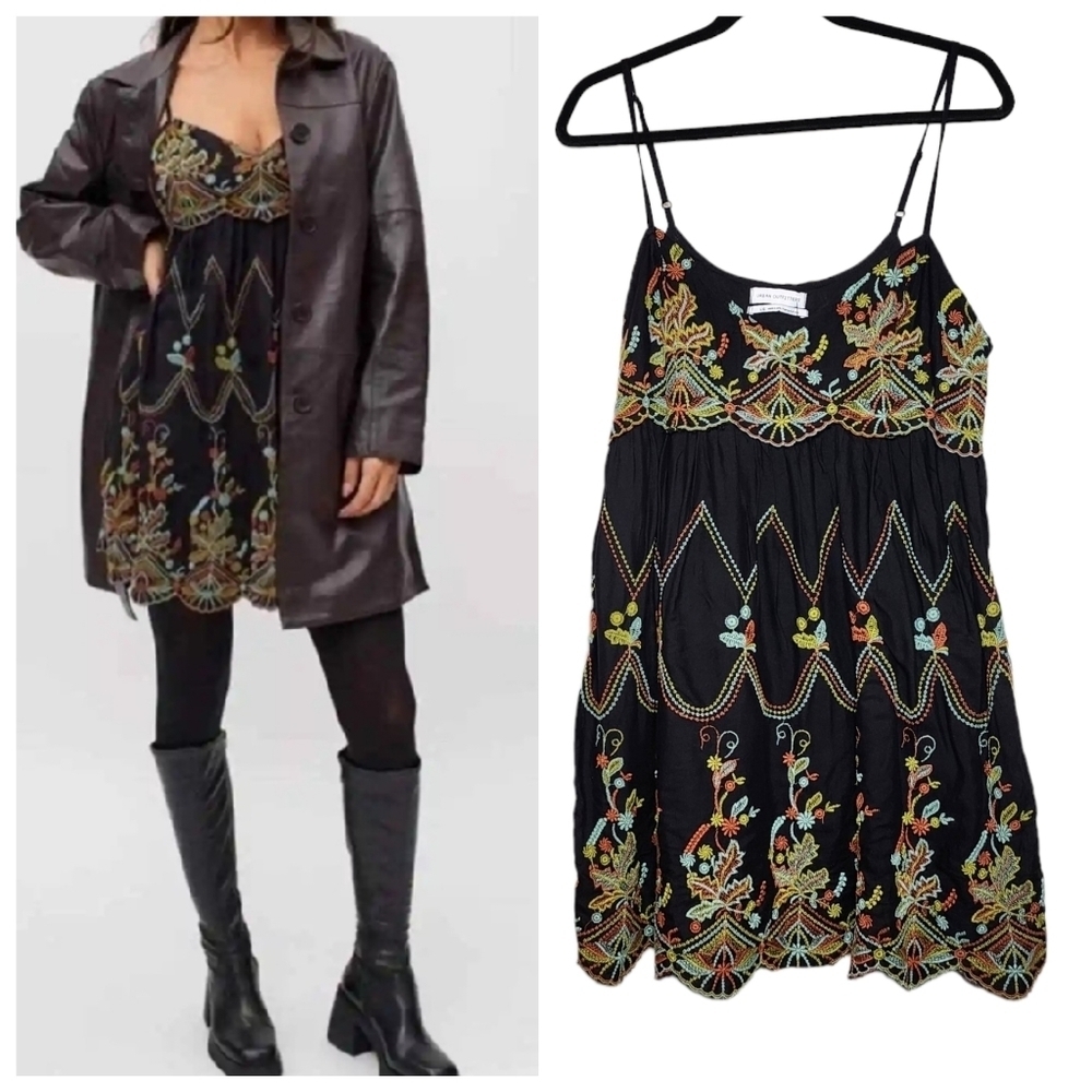 Urban Outfitters Black Embroidered Mini Dress with Multicolor Floral Detail